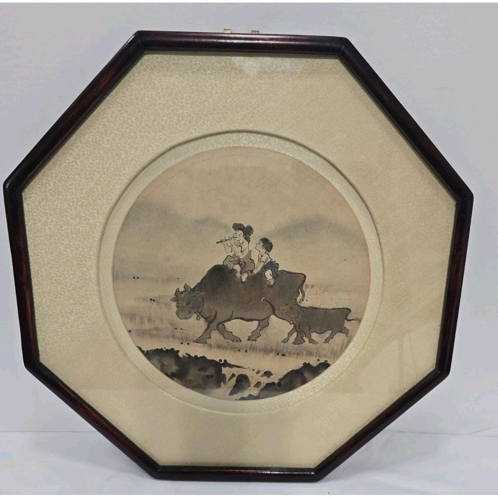 Framed‎ Vintage Asian Artwork Figures Riding Water Buffalo
